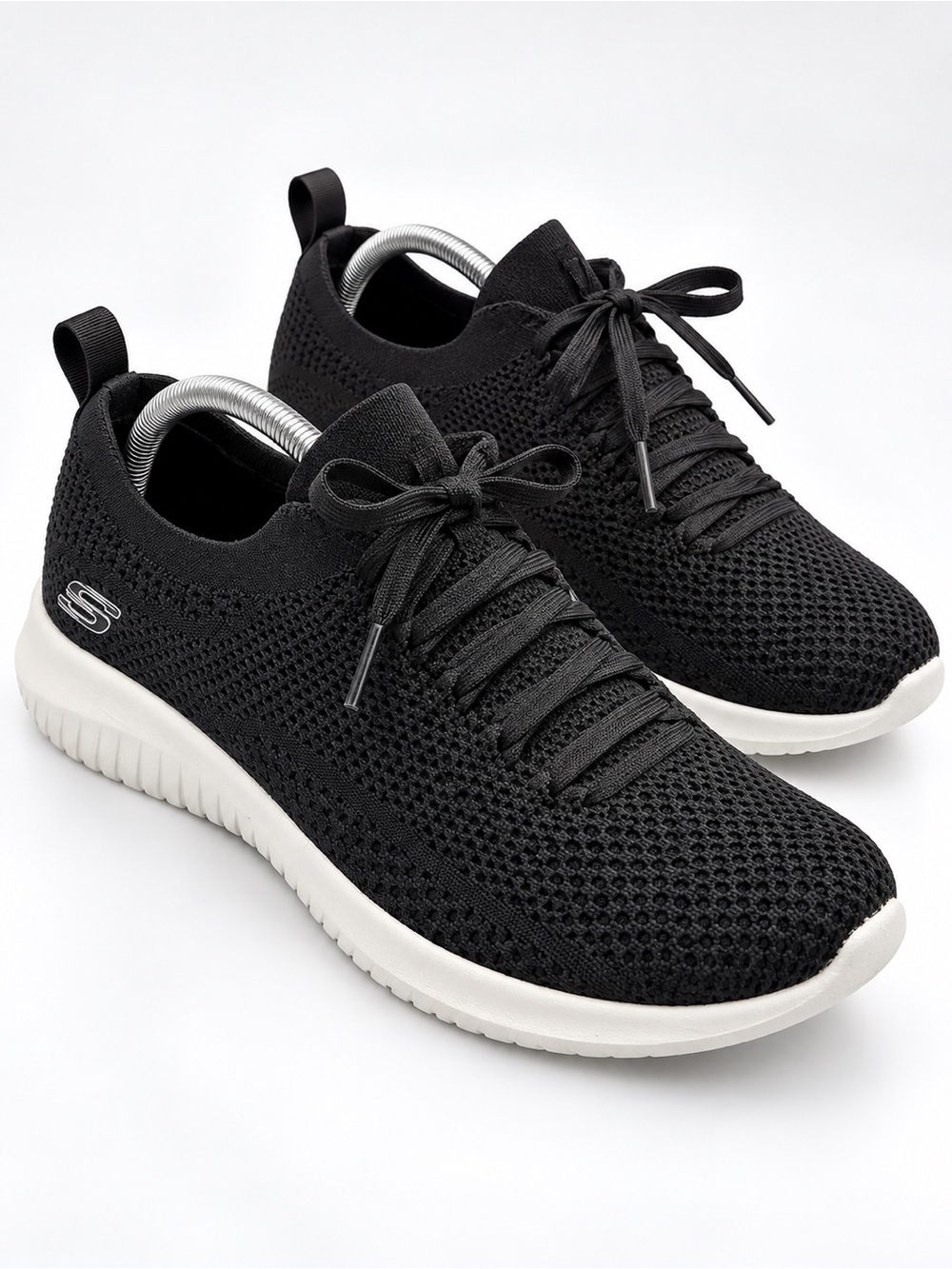 Skechers Black Stretch Knit Sneakers Memory Foam Slip On Faux Lace Up Size 11